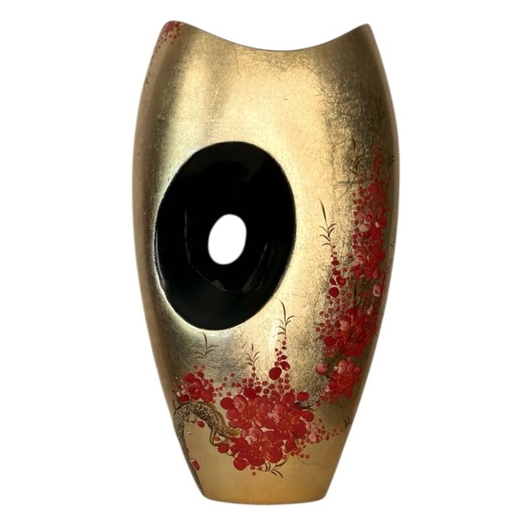 Asian LACQUERWARE Vase Gold w/Handpainted Red Flowers Black Hole 12" x 7" x 3" - Picture 3 of 10